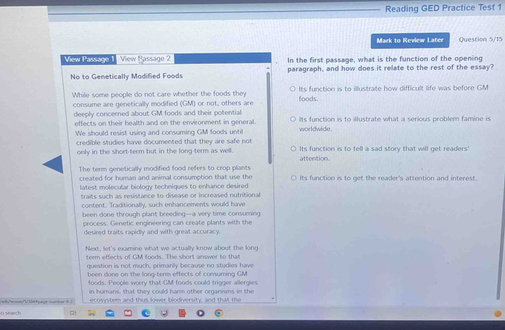 Solved: Reading GED Practice Test 1 Mark to Review Later Question 5/15 ...