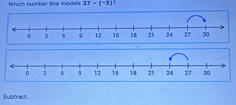 Which number line models 27-(^-3) ? 
Subtract.