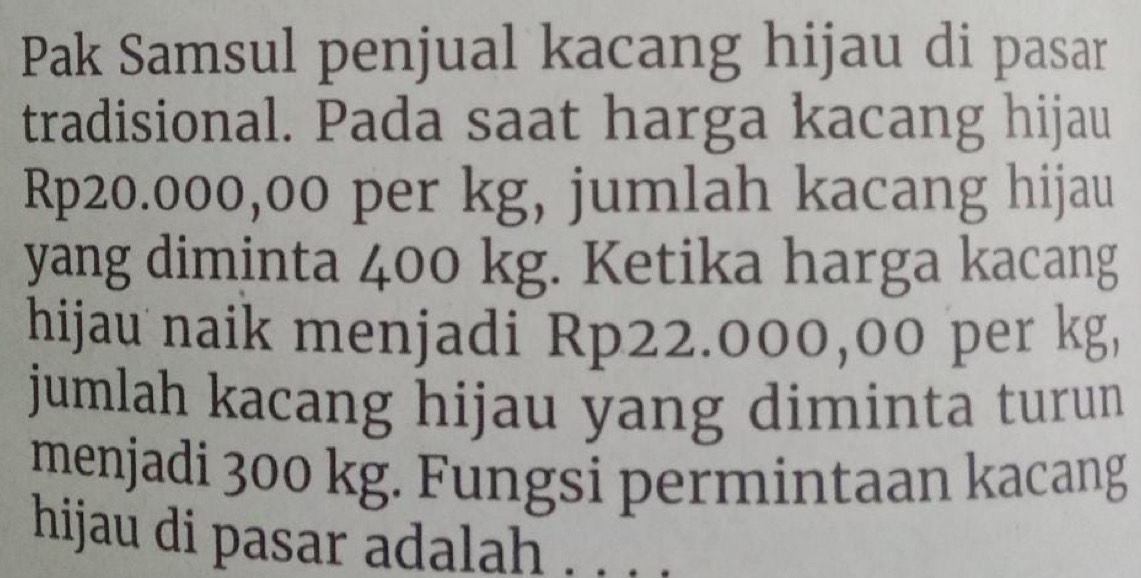 Pak Samsul penjual kacang hijau di pasar 
tradisional. Pada saat harga kacang hijau
Rp20.000,00 per kg, jumlah kacang hijau 
yang diminta 400 kg. Ketika harga kacang 
hijau naik menjadi Rp22.000,00 per kg, 
jumlah kacang hijau yang diminta turun 
menjadi 300 kg. Fungsi permintaan kacang 
hijau di pasar adalah