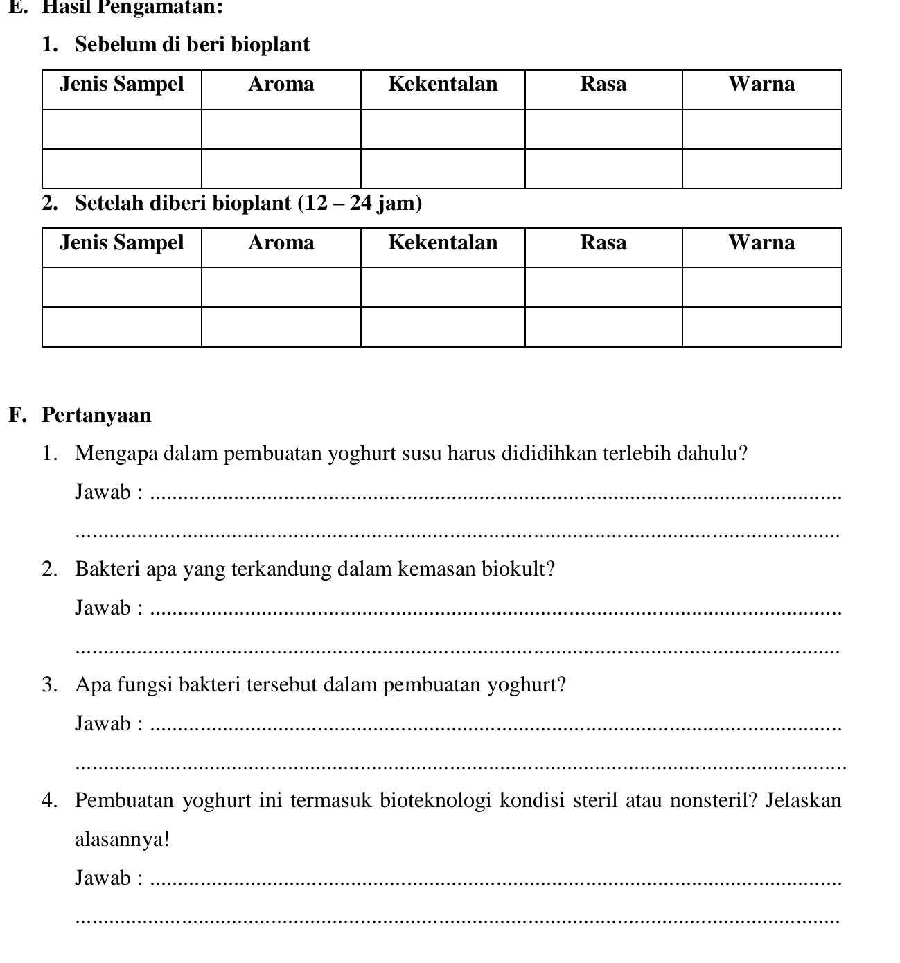 Hasil Pengamatan: 
1. Sebelum di beri bioplant 
2. Setelah diberi bioplant (12 - 24 jam) 
F. Pertanyaan 
1. Mengapa dalam pembuatan yoghurt susu harus dididihkan terlebih dahulu? 
Jawab :_ 
_ 
2. Bakteri apa yang terkandung dalam kemasan biokult? 
Jawab :_ 
_ 
3. Apa fungsi bakteri tersebut dalam pembuatan yoghurt? 
Jawab :_ 
_ 
4. Pembuatan yoghurt ini termasuk bioteknologi kondisi steril atau nonsteril? Jelaskan 
alasannya! 
Jawab :_ 
_