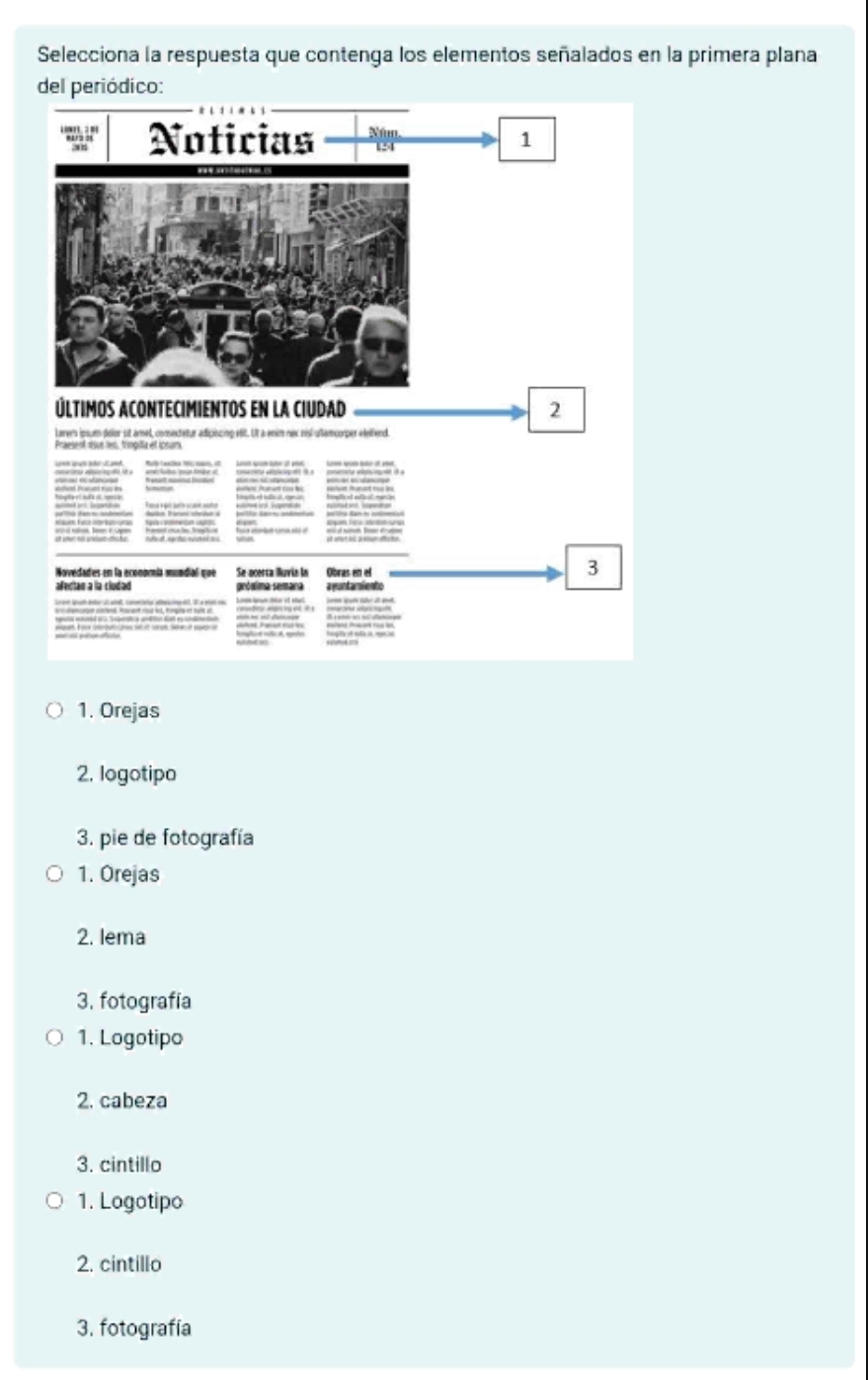 Selecciona la respuesta que contenga los elementos señalados en la primera plana 
1. Orejas 
2. logotipo 
3. pie de fotografía 
1. Orejas 
2. lema 
3. fotografía 
1. Logotipo 
2. cabeza 
3. cintillo 
1. Logotipo 
2. cintillo 
3. fotografía