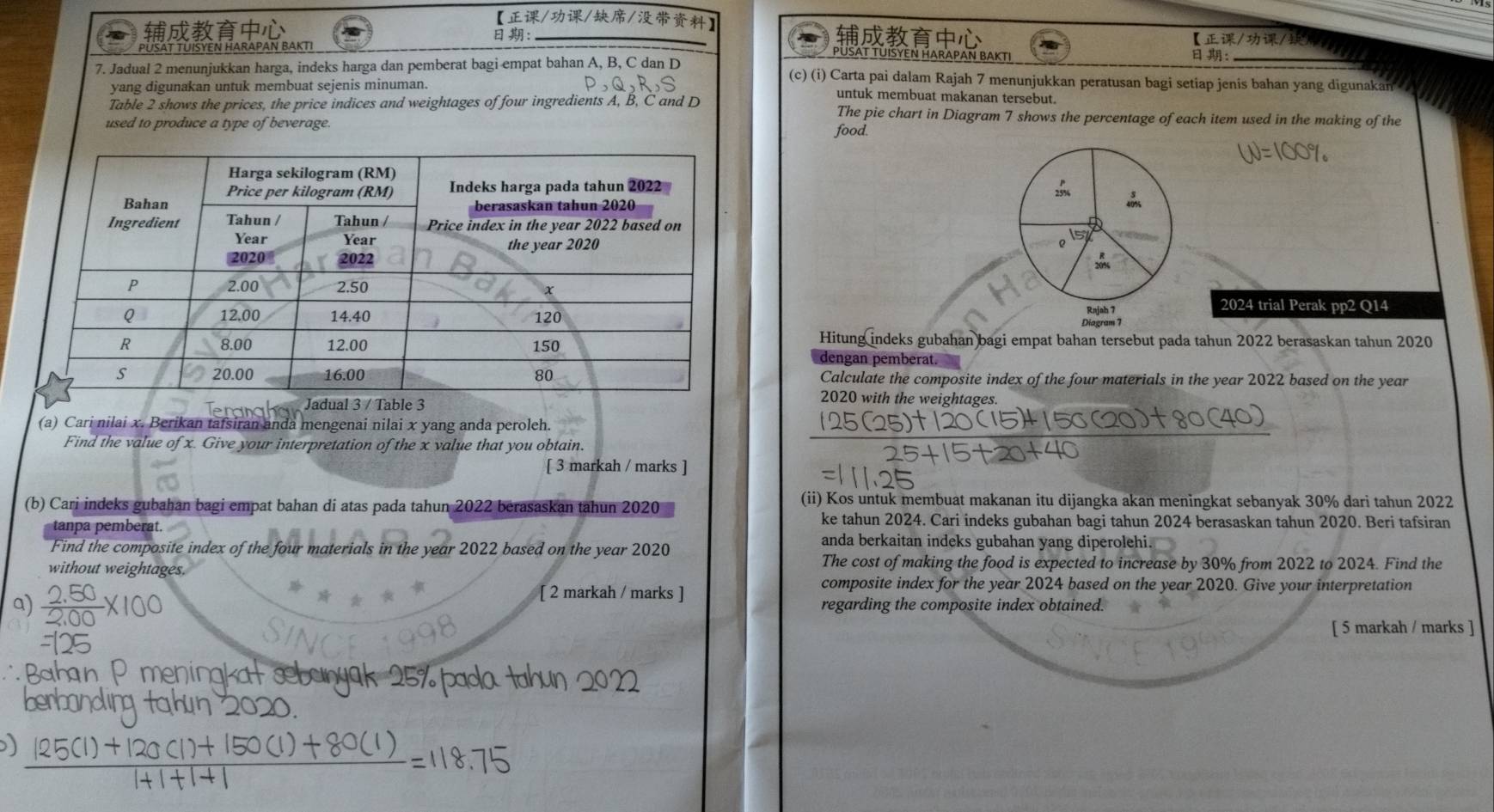 【///】
 ：_ 【//
PÜSAT TÜISYEN HARAPAN BAKTI

PUSAT TUISYEN HARAPAN BAKTI 
7. Jadual 2 menunjukkan harga, indeks harga dan pemberat bagi empat bahan A, B, C dan D (c) (i) Carta pai dalam Rajah 7 menunjukkan peratusan bagi setiap jenis bahan yang digunakan 
yang digunakan untuk membuat sejenis minuman. untuk membuat makanan tersebut.
Table 2 shows the prices, the price indices and weightages of four ingredients A, B, C and D The pie chart in Diagram 7 shows the percentage of each item used in the making of the
used to produce a type of beverage.
food.
15
Q
205
2024 trial Perak pp2 Q14
Diagram 7 Rajah 7
Hitung indeks gubahan bagi empat bahan tersebut pada tahun 2022 berasaskan tahun 2020
dengan pemberat.
Calculate the composite index of the four materials in the year 2022 based on the year
2020 with the weightages.
(a) Cari nilai x. Berikan tafsiran anda mengenai nilai x yang anda peroleh.
Find the value of x. Give your interpretation of the x value that you obtain.
[ 3 markah / marks ]
(b) Cari indeks gubahan bagi empat bahan di atas pada tahun 2022 berasaskan tahun 2020
(ii) Kos untuk membuat makanan itu dijangka akan meningkat sebanyak 30% dari tahun 2022
ke tahun 2024. Cari indeks gubahan bagi tahun 2024 berasaskan tahun 2020. Beri tafsiran
tanpa pemberat. anda berkaitan indeks gubahan yang diperolehi.
Find the composite index of the four materials in the year 2022 based on the year 2020
without weightages
The cost of making the food is expected to increase by 30% from 2022 to 2024. Find the
[ 2 markah / marks ]
composite index for the year 2024 based on the year 2020. Give your interpretation
a) regarding the composite index obtained.
[ 5 markah / marks ]