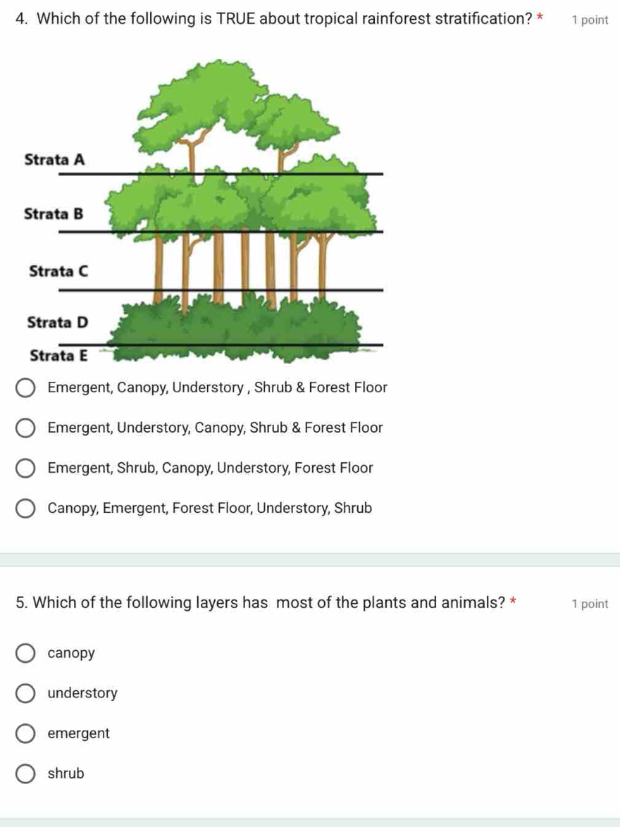 Which of the following is TRUE about tropical rainforest stratification? * 1 point
Emergent, Canopy, Understory , Shrub & Forest Floor
Emergent, Understory, Canopy, Shrub & Forest Floor
Emergent, Shrub, Canopy, Understory, Forest Floor
Canopy, Emergent, Forest Floor, Understory, Shrub
5. Which of the following layers has most of the plants and animals? * 1 point
canopy
understory
emergent
shrub