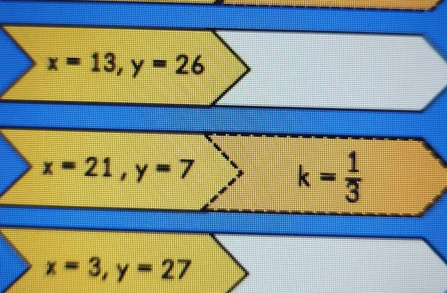 x=21,y=7
k= 1/3 
x=3,y=27