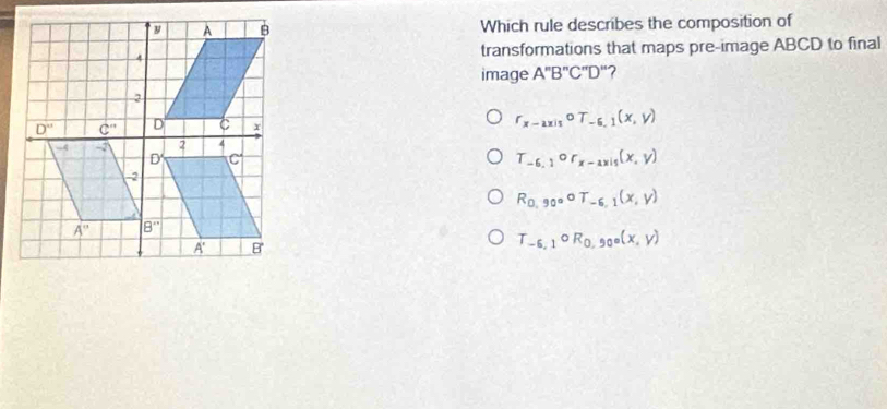 Which rule describes the composition of
transformations that maps pre-image ABCD to final
image A''B''C''D'' ?
r_x-axiscirc T_-6,1(x,y)
T_-6,1or_x-2xis(x,y)
R_0,90°circ T_-6,1(x,y)
T_-6,1circ R_0,90°(x,y)