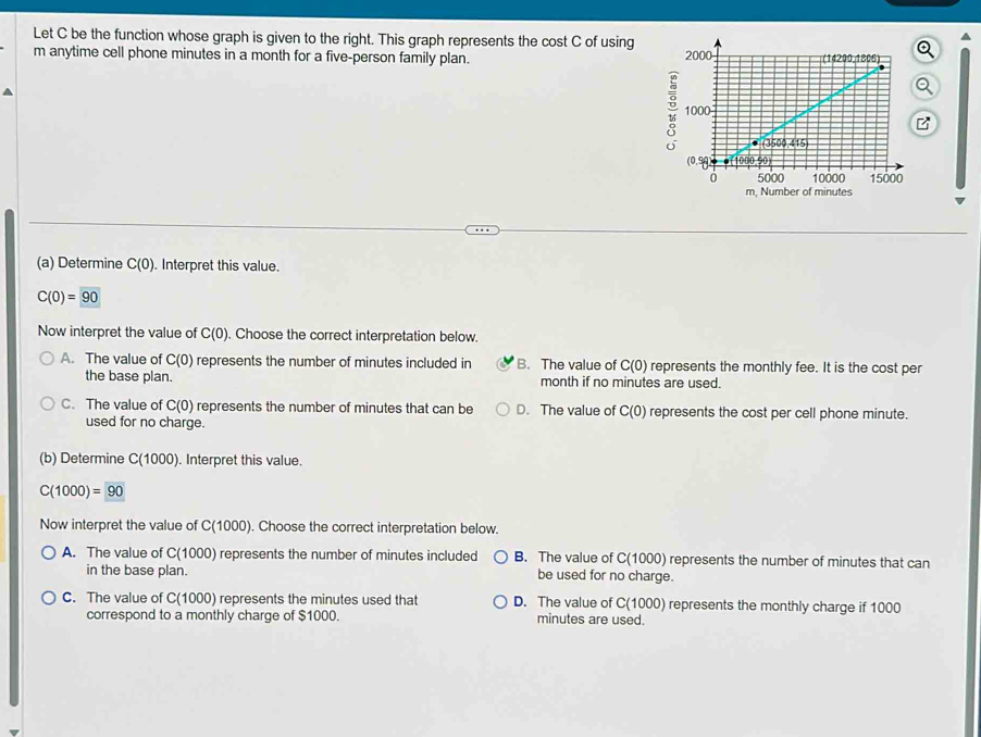 Let C be the function whose graph is given to the right. This graph represents the cost C of using
m anytime cell phone minutes in a month for a five-person family plan. 
(a) Determine C(0) Interpret this value.
C(0)=90
Now interpret the value of C(0). . Choose the correct interpretation below.
A. The value of C(0) represents the number of minutes included in B. The value of C(0) represents the monthly fee. It is the cost per
the base plan. month if no minutes are used.
C. The value of C(0) represents the number of minutes that can be D. The value of C(0) represents the cost per cell phone minute.
used for no charge.
(b) Determine C(1000). Interpret this value.
C(1000)=90
Now interpret the value of C(1000) ). Choose the correct interpretation below.
A. The value of C(1000) represents the number of minutes included B. The value of C(1000) represents the number of minutes that can
in the base plan. be used for no charge.
C. The value of C(1000) represents the minutes used that D. The value of C(1000) represents the monthly charge if 1000
correspond to a monthly charge of $1000. minutes are used.