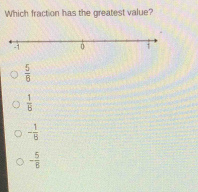 Which fraction has the greatest value?
 5/6 
 1/6 
- 1/6 
- 5/6 