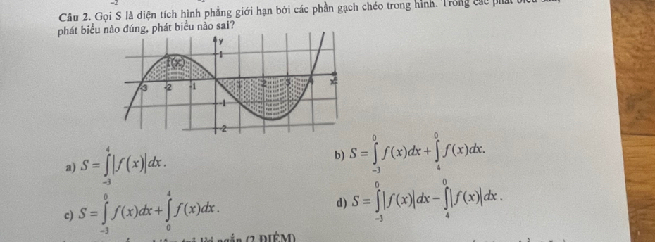 Gọi S là diện tích hình phẳng giới hạn bởi các phần gạch chéo trong hình. Trong các phát
phát biểu , phát biểu nào sai?
a) S=∈tlimits _(-3)^4|f(x)|dx.
b) S=∈tlimits _(-3)^0f(x)dx+∈tlimits _4^0f(x)dx.
c) S=∈tlimits _(-3)^0f(x)dx+∈tlimits _0^4f(x)dx. d) S=∈tlimits _(-3)^0|f(x)|dx-∈tlimits _4^0|f(x)|dx.
( n (2 ĐIÉM)