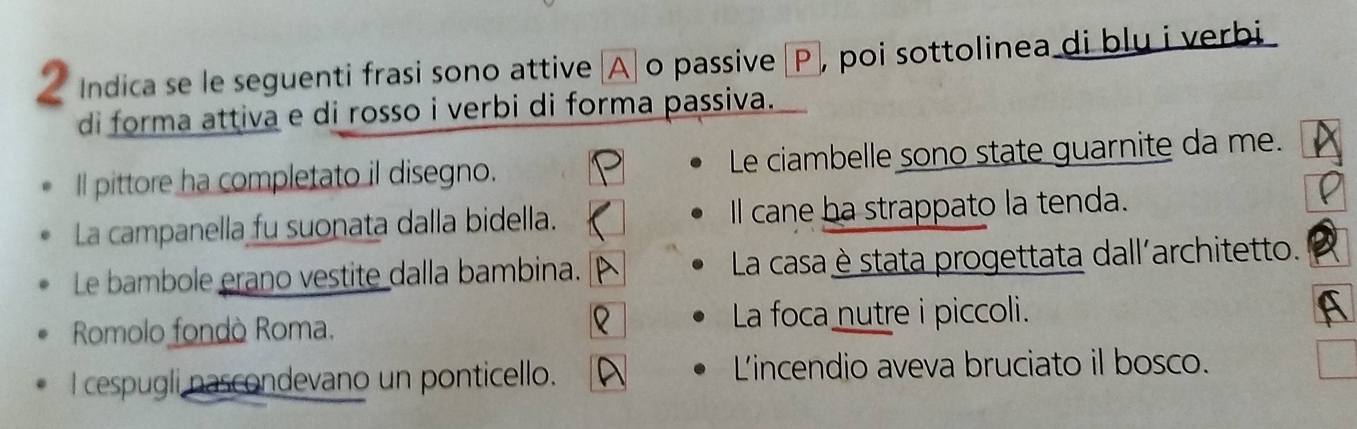 Indica se le seguenti frasi sono attive [A] o passive [P], poi sottolinea di blu i verbi 
di forma attiva e di rosso i verbi di forma passiva. 
Il pittore ha completato il disegno. Le ciambelle sono state guarnite da me. 
La campanella fu suonata dalla bidella. Ill cane ha strappato la tenda. 
Le bambole erano vestite dalla bambina. La casa è stata progettata dall'architetto. 
Romolo fondò Roma. 
La foca nutre i piccoli. 
I cespugli nascondevano un ponticello. L'incendio aveva bruciato il bosco.