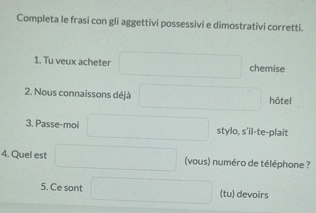 Completa le frasi con gli aggettivi possessivi e dimostrativi corretti. 
1. Tu veux acheter chemise 
2. Nous connaissons déjà hôtel 
3. Passe-moi stylo, s’il-te-plait 
4. Quel est (vous) numéro de téléphone ? 
5. Ce sont (tu) devoirs