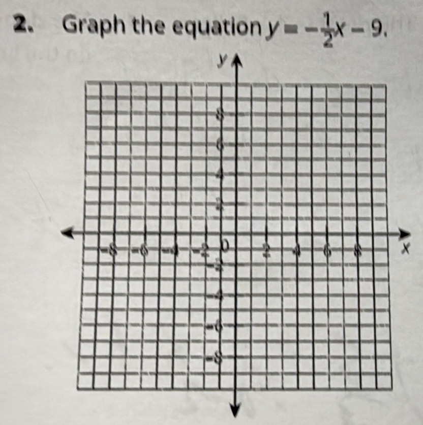 Graph the equation y=- 1/2 x-9.
x