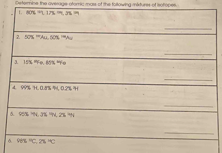 Determine the average atomic mass of the following mixtures of isotopes.