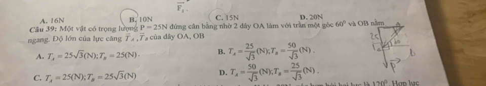 vector F_2
A. 16N B. 10N C. 15N D. 20N
Câu 39: Một vật có trọng lượng P=25N đứng cân bằng nhờ 2 dây OA làm với trần một góc 60° và OB nằm
ngang. Độ lớn của lực căng overline T_A, overline T của dây OA, OB
B.
A. T_A=25sqrt(3)(N); T_B=25(N). T_A= 25/sqrt(3) (N); T_B= 50/sqrt(3) (N).
C. T_A=25(N); T_B=25sqrt(3)(N)
D. T_A= 50/sqrt(3) (N); T_B= 25/sqrt(3) (N).
120° Hợp lực