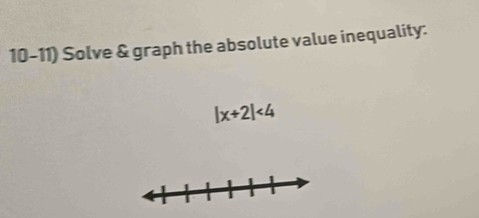 Solve & graph the absolute value inequality:
|x+2|<4</tex>