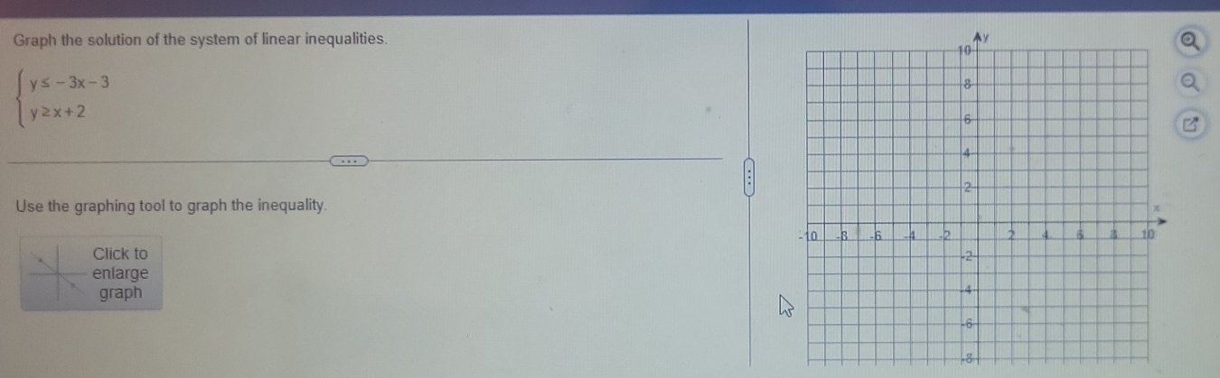 Graph the solution of the system of linear inequalities.
beginarrayl y≤ -3x-3 y≥ x+2endarray.
Use the graphing tool to graph the inequality. 
Click to 
enlarge 
graph