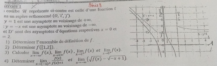 tercice 1 
courbe . représente ci-contre est celle d’une fonction f
ns un repère orthonormé (0,vector l,vector j).
y=1 est une asymptote au voisinage de +∞.
:y=-x est une asymptote au voisinage de -∞.
et D' sont des asymptotes d'équations respectives x=0 et
=2.
1) Déterminer 1  'ensemble de définition de f.
1
2) Déterminer f([1,2]).
3)Calculer limlimits _xto -∈fty f(x),limlimits _xto +∈fty f(x),limlimits _xto 2^+f(x) et limlimits _xto 0^+f(x).
4) Déterminer limlimits _xto (-1)^+ f(x)/f(x)+1  et limlimits _xto -∈fty (sqrt(f(x))-sqrt(-x+1)).