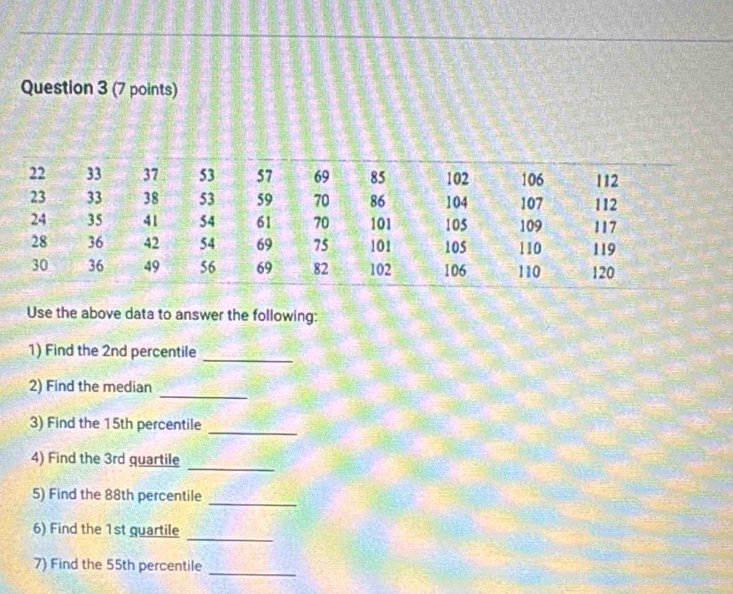 Use the above data to answer the following: 
1) Find the 2nd percentile_ 
_ 
2) Find the median 
3) Find the 15th percentile 
_ 
_ 
4) Find the 3rd quartile 
5) Find the 88th percentile 
_ 
_ 
6) Find the 1st quartile 
7) Find the 55th percentile 
_