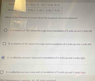 Rhis ta 6,-4), (-2,-4), (-2,2), (6,2)
Recti -9,9), (-1,9), (-1,3), (-9,3)
Which of the following is correct about the sequence of transformations?
A. A rotation of 180° about the origin and a translation of 5 units up and 3 units left.
B. A rotation of 90° about the origin and a translation of 5 units up and 3 units left.
C. A reflection across x-axis and a translation of 5 units up and 3 units right.
D. A reflection across y-axis and a translation of 5 units up and 3 units right.