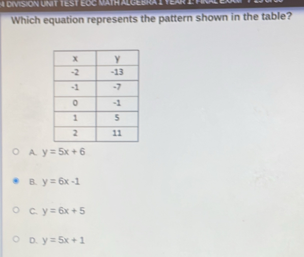 DIVISION UNIT TEST EỐC MATH ALGEBRA I YEAR 1: FR
Which equation represents the pattern shown in the table?
A. y=5x+6
B. y=6x-1
C. y=6x+5
D. y=5x+1