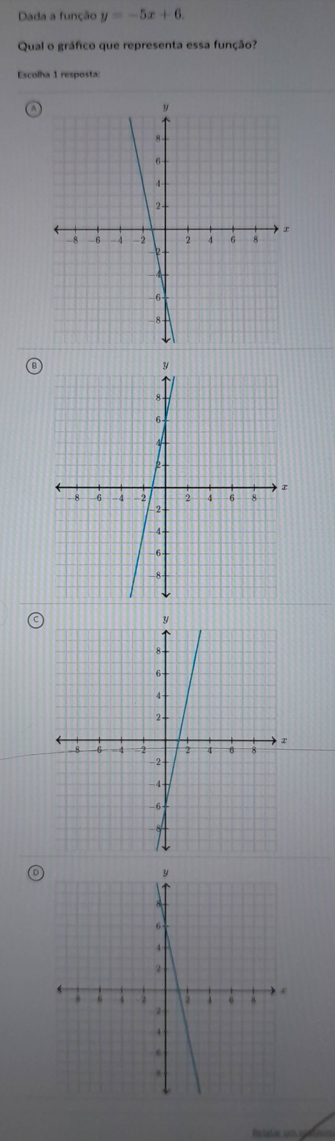 Dada a função y=-5x+6. 
Qual o gráfico que representa essa função? 
Escolha 1 resposta: