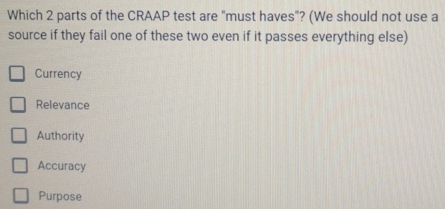 Which 2 parts of the CRAAP test are "must haves"? (We should not use a
source if they fail one of these two even if it passes everything else)
Currency
Relevance
Authority
Accuracy
Purpose