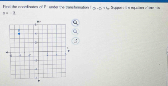 Find the coordinates of P' under the transformation T_(0,-2)or_n. Suppose the equation of line n is
x=-3.