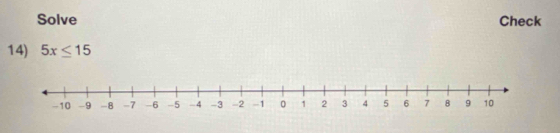 Solve Check 
14) 5x≤ 15