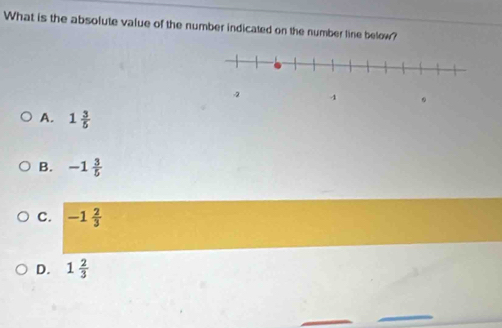 What is the absolute value of the number indicated on the number line below?
-2 4
A. 1 3/5 
B. -1 3/5 
C. -1 2/3 
D. 1 2/3 