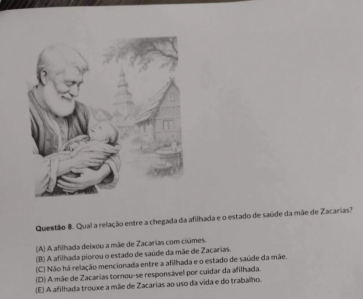 Qual a relação entre a chegada da afilhada e o estado de saúde da mãe de Zacarias?
(A) A afilhada deixou a mãe de Zacarias com ciúmes.
(B) A afilhada piorou o estado de saúde da mãe de Zacarias.
(C) Não há relação mencionada entre a afilhada e o estado de saúde da mãe.
(D) A mãe de Zacarias tornou-se responsável por cuidar da afilhada.
(E) A afilhada trouxe a mãe de Zacarias ao uso da vida e do trabalho.