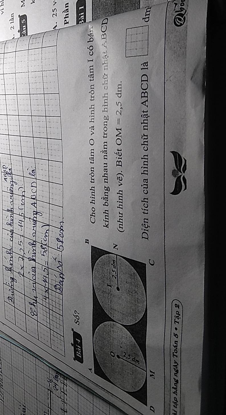 vi hì 
2 lần 
Câu 5 M
k 
A. 25 v 
Phần 
Bài 4 Số? 
Bài 1 
ho hình tròn tâm O và hình tròn tâm I có bán 
h bằng nhau nằm trong hình chữ nhật ABCD
hình vẽ). Biết OM=2,5dm. 
D 
tích của hình chữ nhật ABCD là dm
tài tập hàng ngày Toán 5 ● Tập 2 
Q5