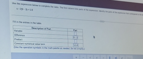 s+2(9-3)+5.8
Lge the exprosision below to complete the table. The first column lists parts of the expression. Mentfy the parts of the expression the conmonnt o he d
Fill in the entres in the table.
leme as needed. Do not simplfy.)
+ - ÷ × = 1