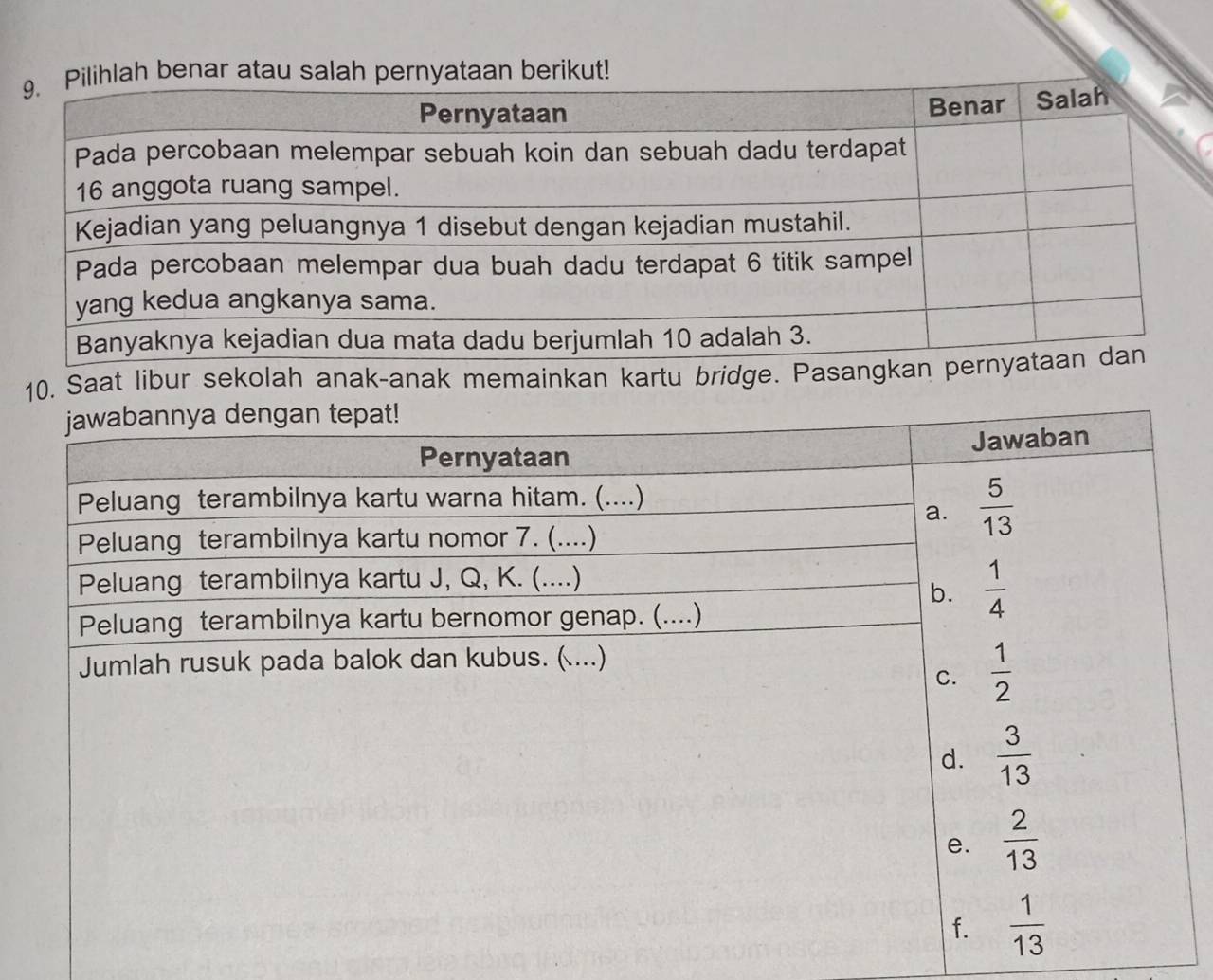 benar atau sataan berikut!
10. Saat libur sekolah anak-anak memainkan kartu bridge. Pasangka