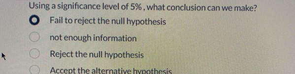 Using a significance level of 5% , what conclusion can we make?
Fail to reject the null hypothesis
not enough information
Reject the null hypothesis
Accept the alternative hypothesis