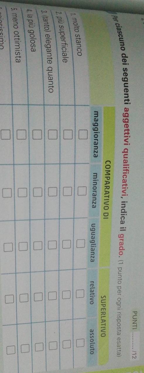 PUNTI ….......  /12
iascuno dei seguenti aggettivi qualificativi, indica il grado. (1 punto per ogn
□