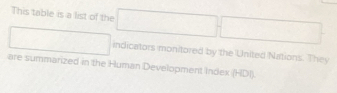 This table is a list of the □ □
□ indicators monitored by the United Nations. They 
are summarized in the Human Development Index (HDI).