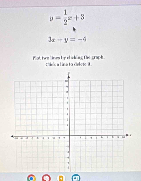 y= 1/2 x+3
3x+y=-4
Plot two lines by clicking the graph.
Click a line to delete it.