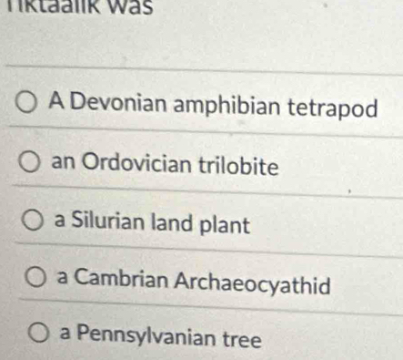 Tiktaalik was
A Devonian amphibian tetrapod
an Ordovician trilobite
a Silurian land plant
a Cambrian Archaeocyathid
a Pennsylvanian tree