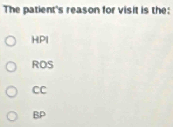 The patient's reason for visit is the:
HPI
ROS
CC
BP