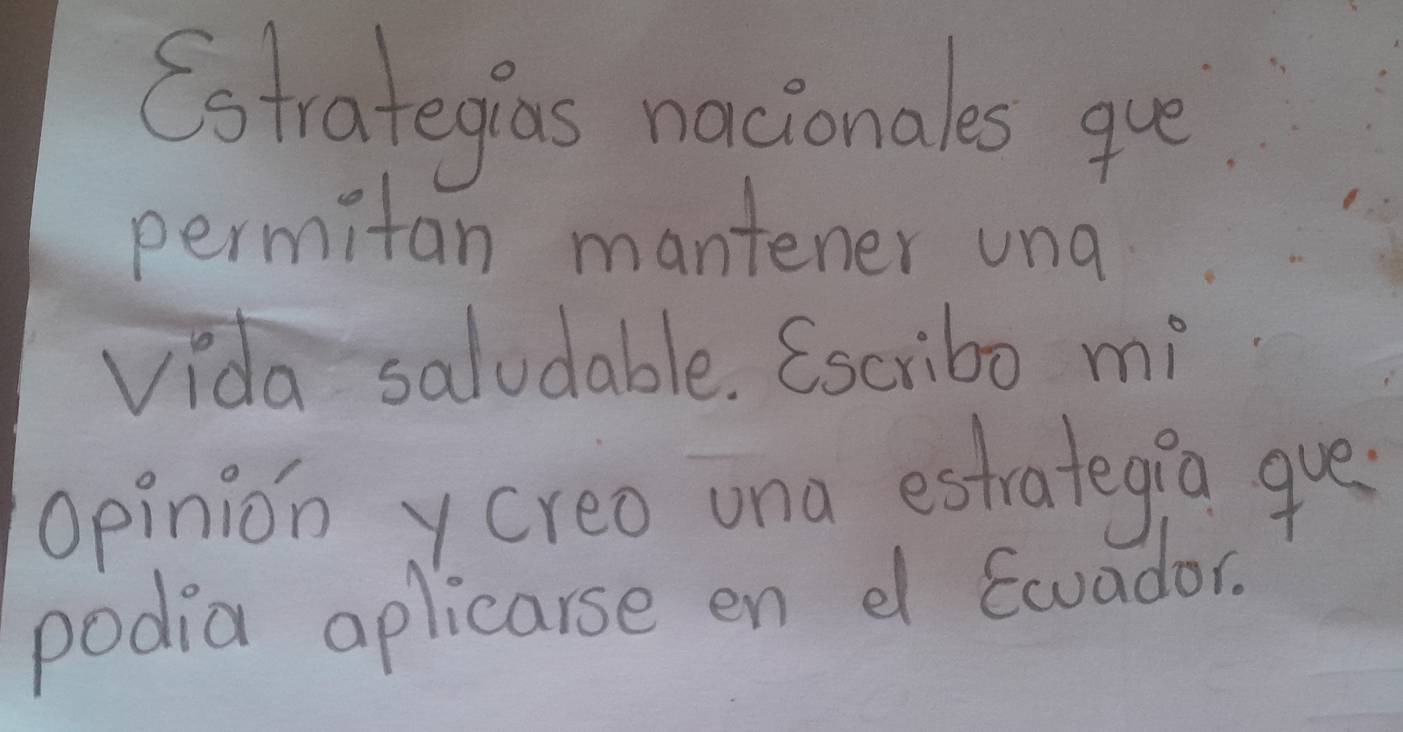 Cotrategias nacionales gue 
permitan mantener una 
vida saludable. (scribo mi 
opinion y creo una estrategia que 
podia aplicarse en d Govadar.