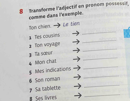 Transforme I’adjectif en pronom possessif, 
comme dans l’exemple. 
Ton chien. Le tien 
_ 
1 Tes cousins 
_ 
_ 
2 Ton voyage 
_ 
3 Ta sœur 
4 Mon chat 
5 Mes indications 
_ 
6 Son roman 
_ 
7 Sa tablette 
_ 
8 Ses livres 
_