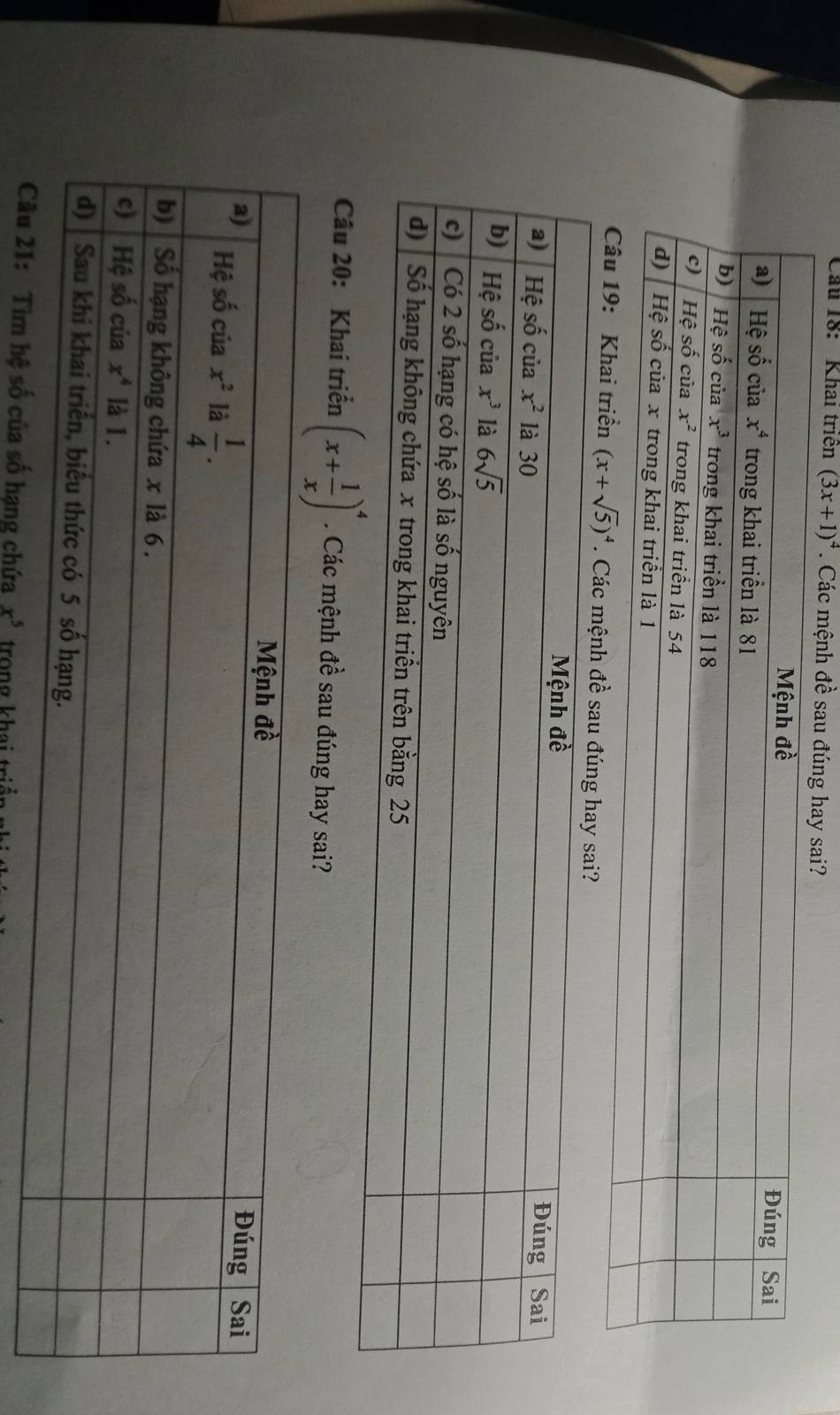 Cầu 18: Khai triên (3x+1)^4. Các mệnh đề sa
ai triển (x+sqrt(5))^4. Các mệnh đề sau 
Câu 20: Khai triển (x+ 1/x )^4. Các mệnh đề sau đúng hay sai?
ng chứa x^5