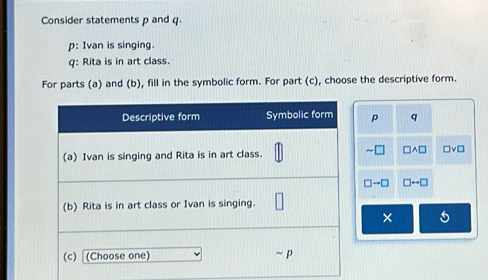 Consider statements p and q. 
p: Ivan is singing. 
q: Rita is in art class. 
For parts (a) and (b), fill in the symbolic form. For part (c), choose the descriptive form.
p q
□ v
× 5