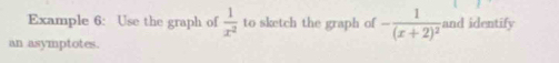 Example 6: Use the graph of  1/x^2  to sketch the graph of -frac 1(x+2)^2 and identify 
an asymptotes.