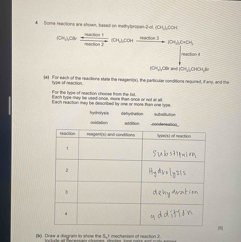 Some reactions are shown, based on methylpropan- -2-ol, (CH_3)_3COH.
(CH_3)_3CBr reaction1/reaction2 (CH_3)_3COHxrightarrow reaction3(CH_3)_2C=CH_2
2x-1=(x+1)=0 
reaction 4
(CH_3)_3CBr and (CH_3)_2CHCH_2Br
(a) For each of the reactions state the reagent(s), the particular conditions required, if any, and the
type of reaction.
For the type of reaction choose from the list.
Each type may be used once, more than once or not at all.
Each reaction may be described by one or more than one type.
hydrolysis dehydration substitution
oxidation addition condensation
[5]
(b) Draw a diagram to show the S 1 mechanism of reaction 2.
Include all decessary charges, dinoles lone pairs and curly arrows