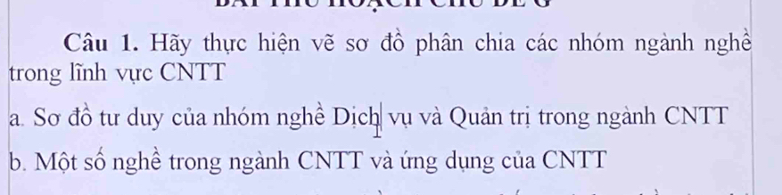 Hãy thực hiện vẽ sơ đồ phân chia các nhóm ngành nghề 
trong lĩnh vực CNTT 
a. Sơ đồ tư duy của nhóm nghề Dịch vụ và Quản trị trong ngành CNTT 
b. Một số nghề trong ngành CNTT và ứng dụng của CNTT