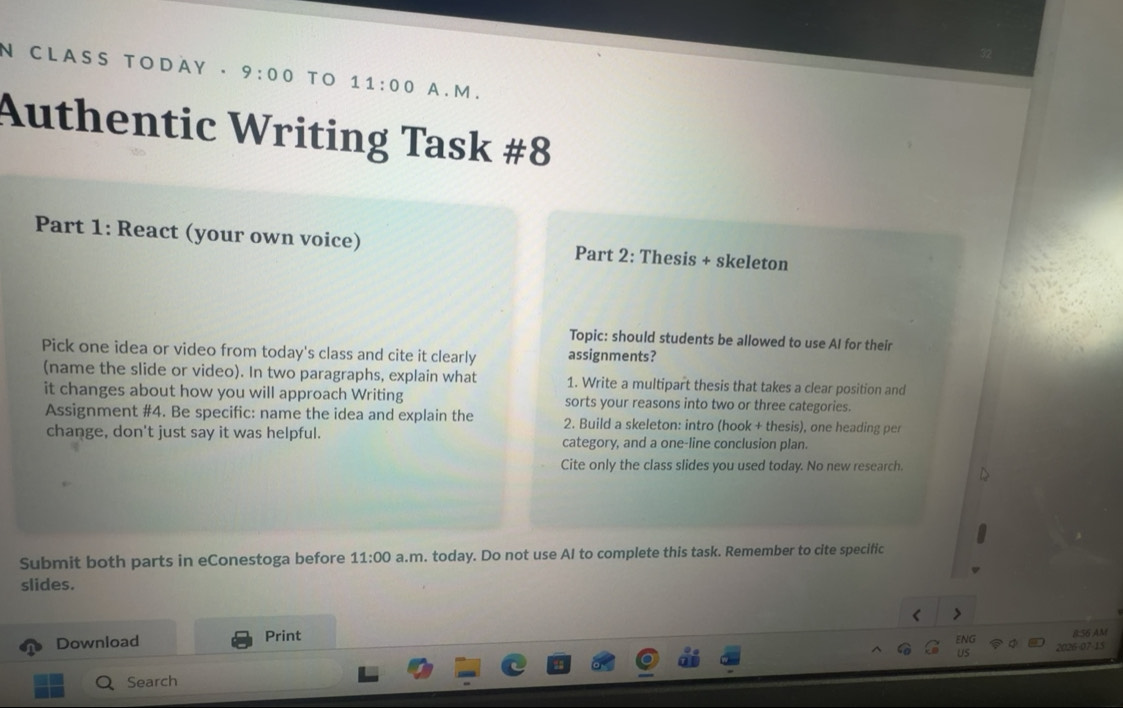 Solved: Lass t oday . 9:00 TO 11:00 A . M . Authentic Writing Task #8 ...