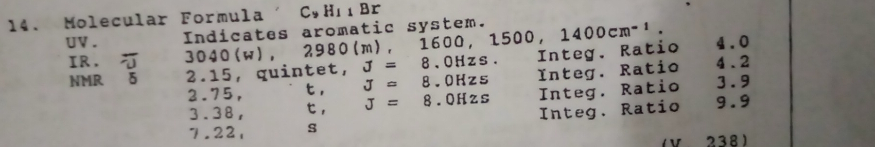 Molecular Formula ´ C,HııBr
Indicates aromatic system.
3040(w), 2980(m), 1600, 1500, 1400cm^(-1). 
UV . 4.0
IR. 4.2
NMR 5 2.15, quintet, J=8.0Hzs. Integ. Ratio
2.75,
t J=8. OKzs Integ. Ratio
3.38, t , J=8.QHzs Integ. Ratio 3.9
Integ. Ratio 9.9
7.22
s
238