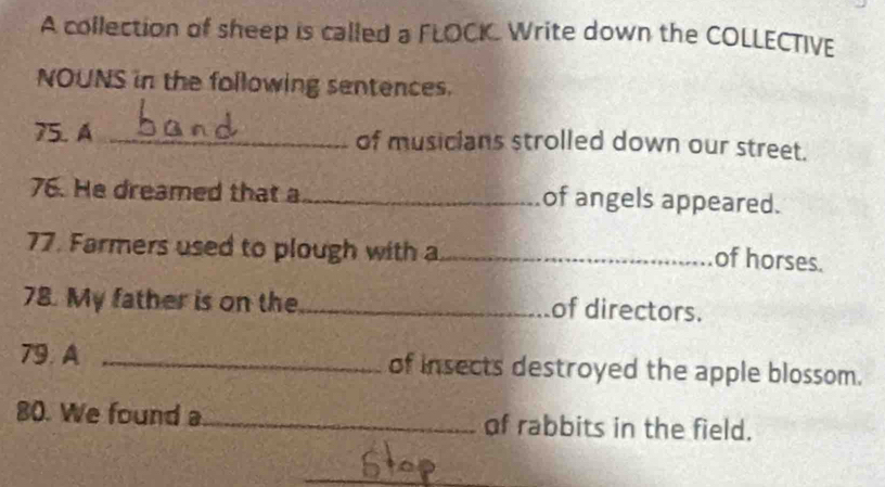 A collection of sheep is called a FLOCIC Write down the COLLECTIVE 
NOUNS in the following sentences. 
75. A _of musicians strolled down our street. 
76. He dreamed that a_ of angels appeared. 
77. Farmers used to plough with a_ 
of horses. 
78. My father is on the_ of directors. 
79. A _of insects destroyed the apple blossom. 
80. We found a_ of rabbits in the field. 
_