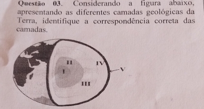 Considerando a figura abaixo, 
apresentando as diferentes camadas geológicas da 
Terra, identifique a correspondência correta das 
camadas.