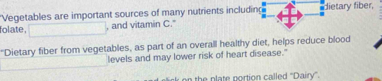 Vegetables are important sources of many nutrients including dietary fiber, 
folate. , and vitamin C." 
“Dietary fiber from vegetables, as part of an overall healthy diet, helps reduce blood 
levels and may lower risk of heart disease." 
on the plate portion called ''Dairy'.